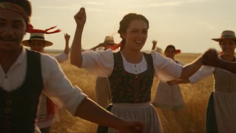joyful celebration in a golden field: traditional dancers unite amidst wheat under the warm sunlight, exuding culture and community spirit