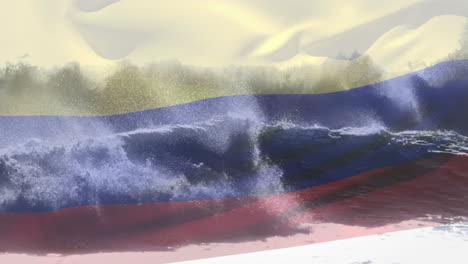 Composición-Digital-De-Ondear-La-Bandera-De-Columbia-Contra-Las-Olas-En-El-Mar