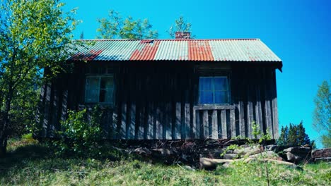 vieja cabaña en el campo con vegetación en un día soleado