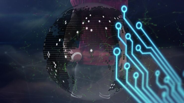 Animation of globe and computer circuit board over caucasian male rugby player