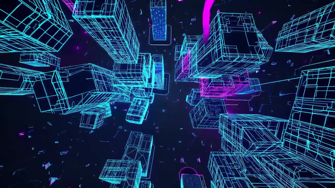 Futuristic Digital Cityscape with Neon Wireframe Buildings