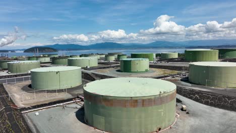 Aerial-shot-above-a-large-petroleum-tank-at-the-March-Point-refinery-in-Anacortes,-WA