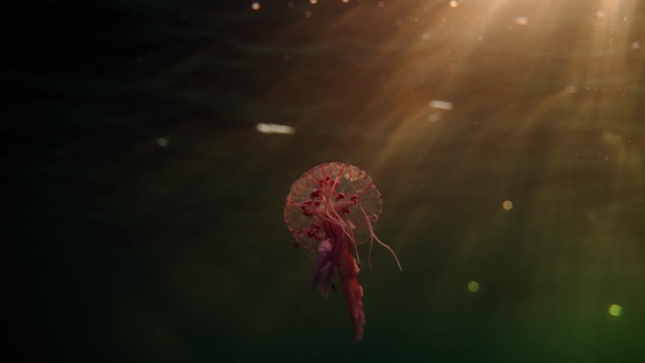 Graceful jellyfish floats in dark ocean depths, casting a tranquil aura