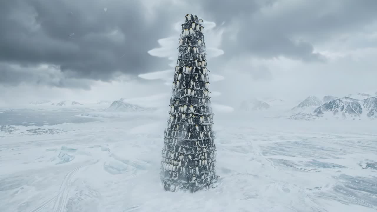 Donmuş bir Arktik manzarada duran devasa penguen kulesi.