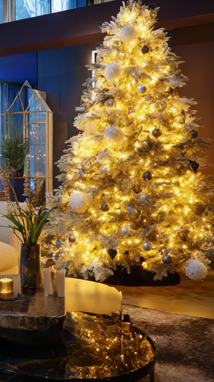 Elegant Christmas Tree Decorated with Bright Lights and Ornaments, Showcasing a Festive Atmosphere in a Cozy Living Space, Filled with Modern Decorations and a Warm Holiday Spirit