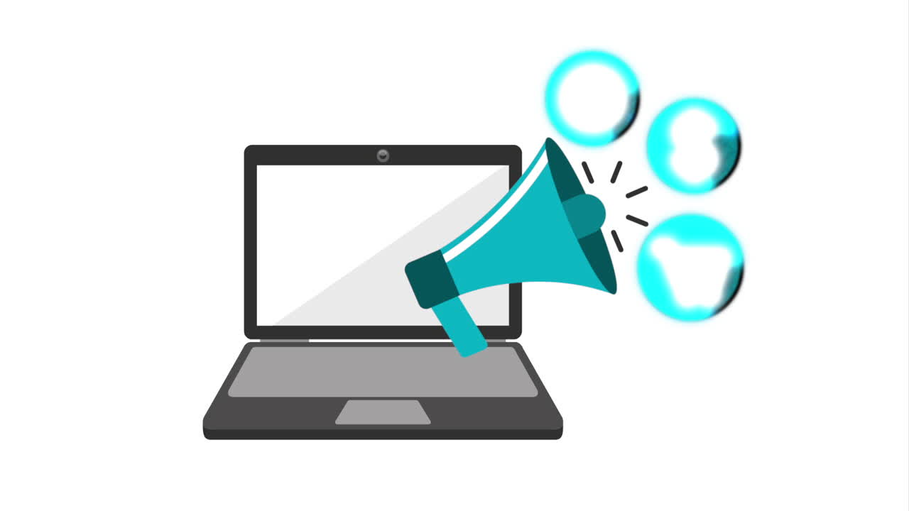 Laptop mit Megafon und Marketing-Symbolen
