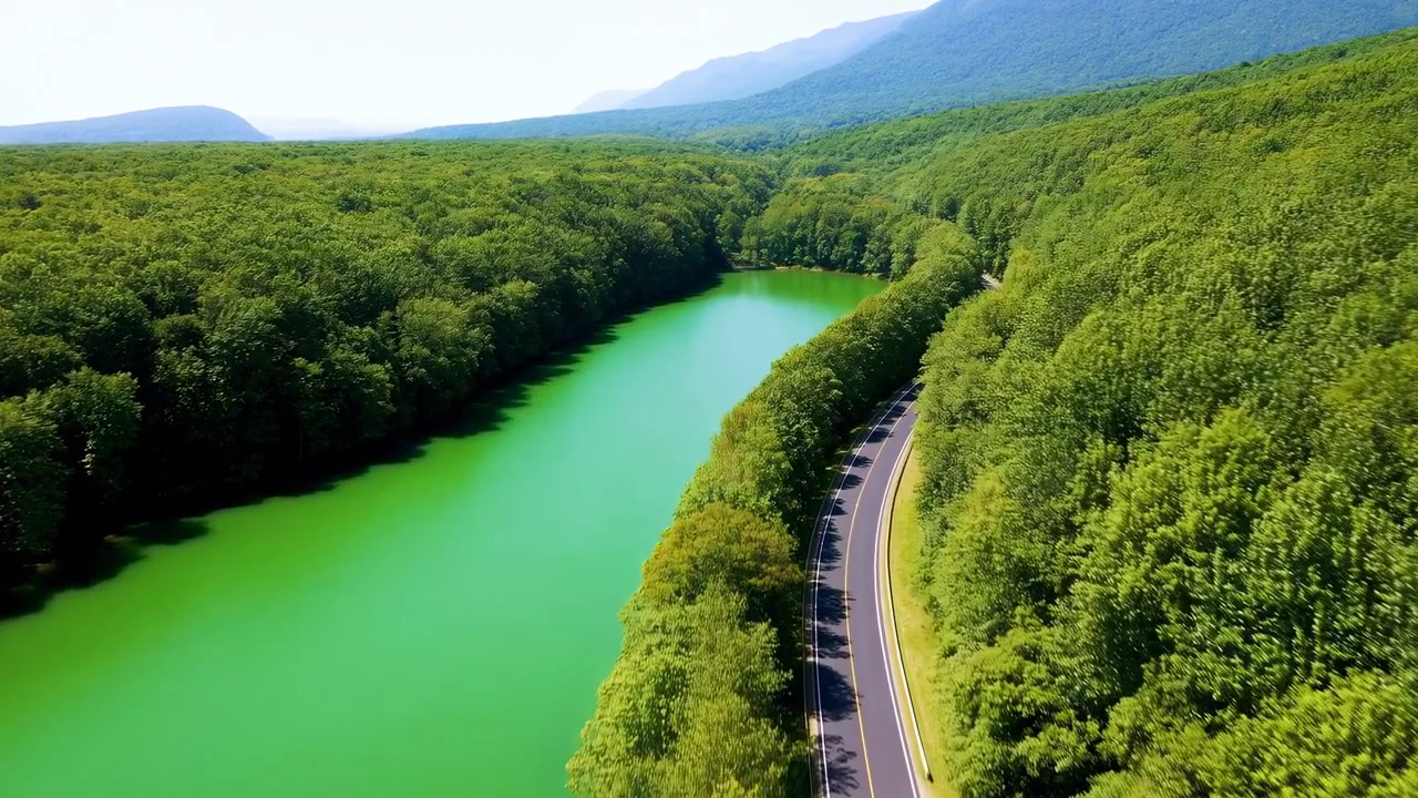 Una vista aerea obliqua mostra una strada a due corsie che si snoda accanto a uno stretto lago color smeraldo, delimitata da una fitta foresta decidua, colline ondulate, luce diurna soffusa, riflessi calmi e creste blu stratificate.