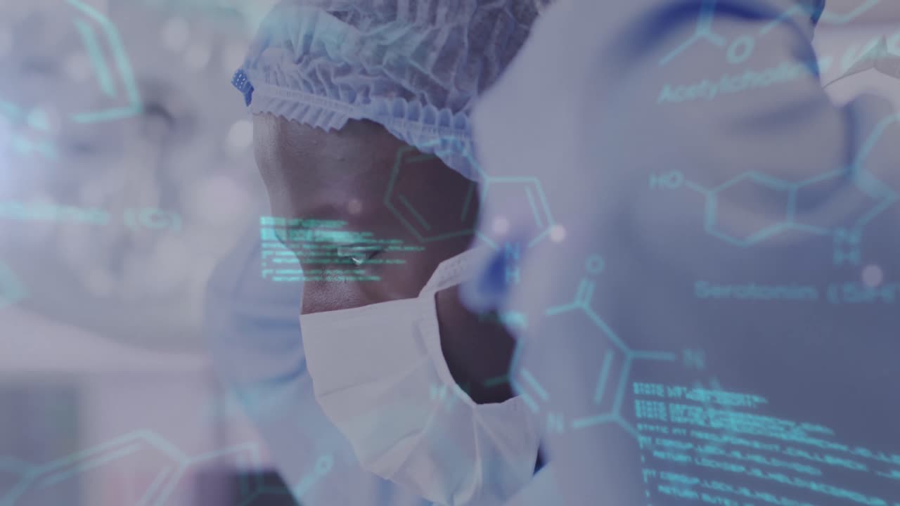 animación de procesamiento de datos médicos sobre un cirujano afroamericano que se pone una máscara facial