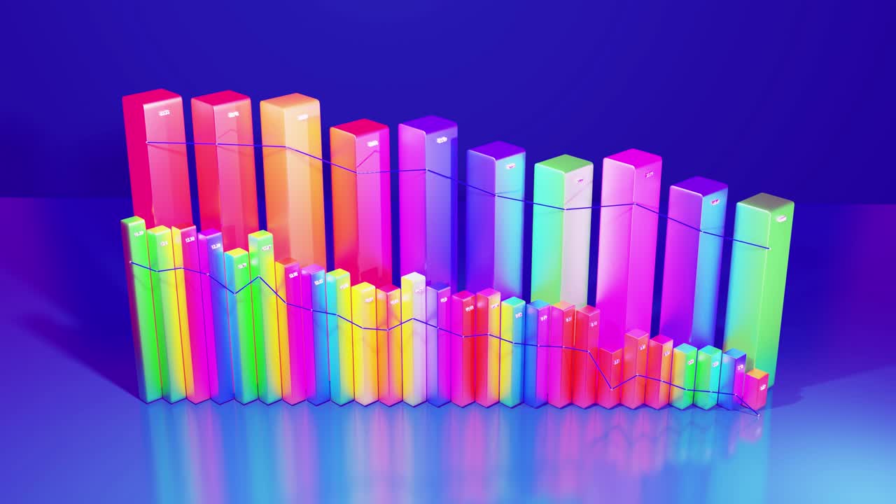 infografías en bucle abstractos de fondo con barras 3d multicolores en azul, por ejemplo. gráfico de degradación de columnas. fondo económico con espacio de copia en 4k. barras 3d como gráfico de datos estadísticos.