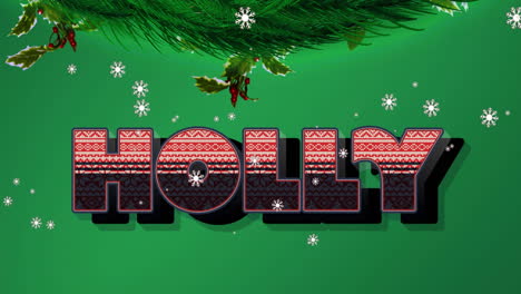 animación de texto de acebo sobre la nieve que cae y el abeto sobre fondo verde en navidad