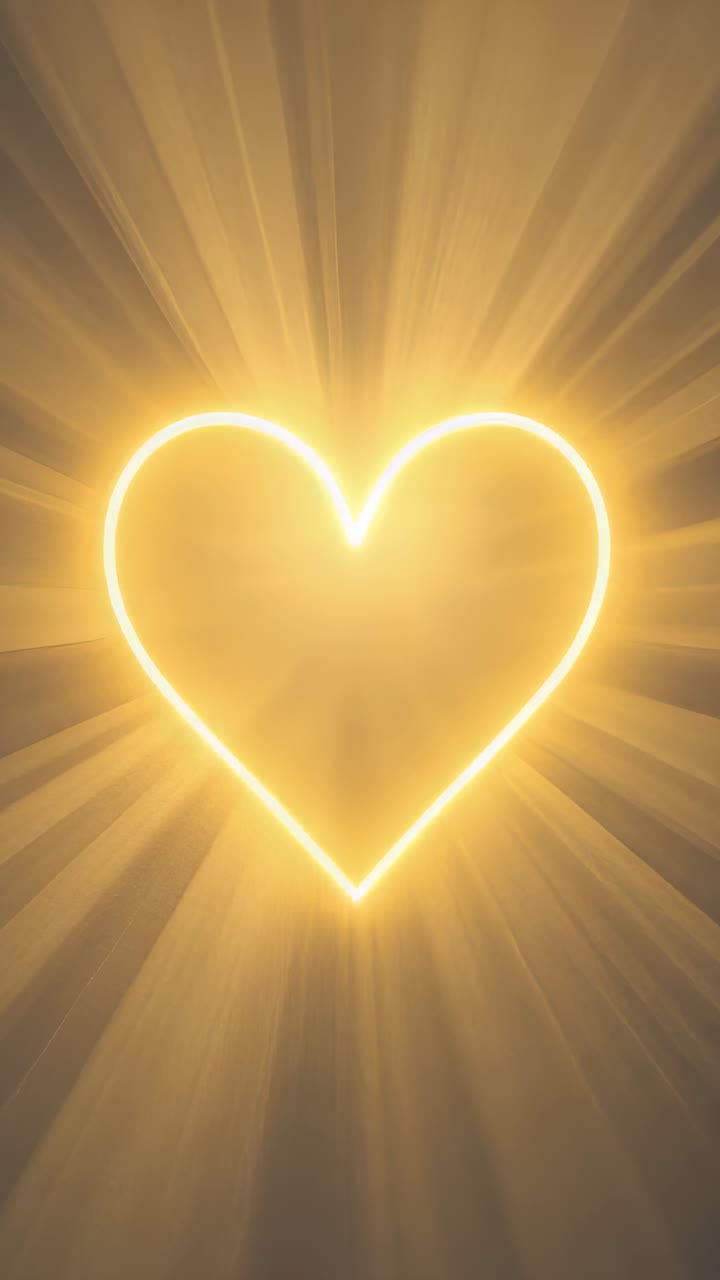 Vertical video: Animating neon heart expanding on golden backdrop, frames showing halo and gradient