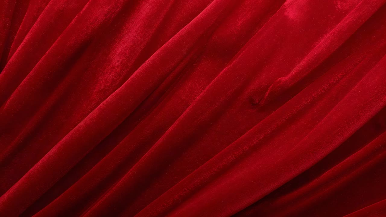 Tessuto drappeggiato rosso in movimento che rivela pieghe angolate dopo il cambio di luce in un primo piano in studio, pelo vellutato