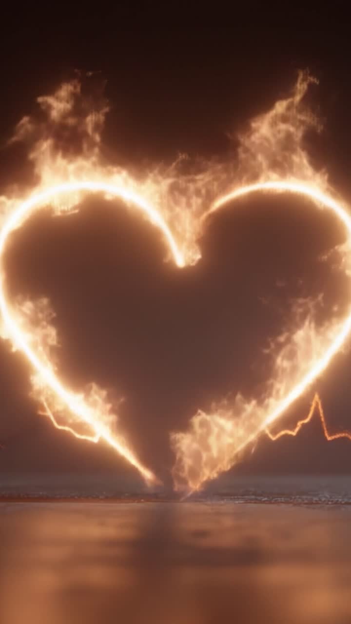 Spettacolare Dimostrazione di Passione: Una Fiamma a Forma di Cuore Che Illumina l'Oscurità, Simboleggiando Amore ed Emozione con una Danza Ardente di Luce ed Energia