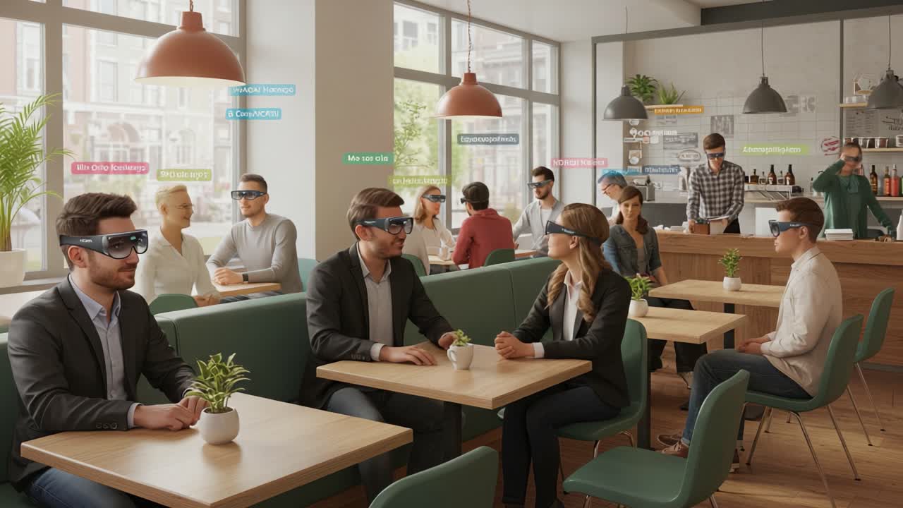 A Modern Café Scene Featuring Patrons Engaged in Virtual Experiences and Interactions While Wearing Smart Glasses, Blending Technology with Social Atmosphere