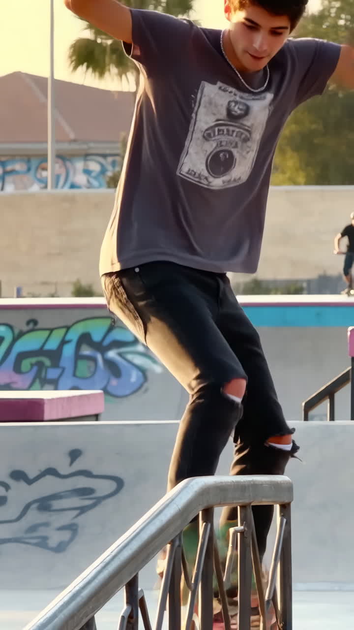 Young Skateboarder Grinding a Rail at the Skatepark