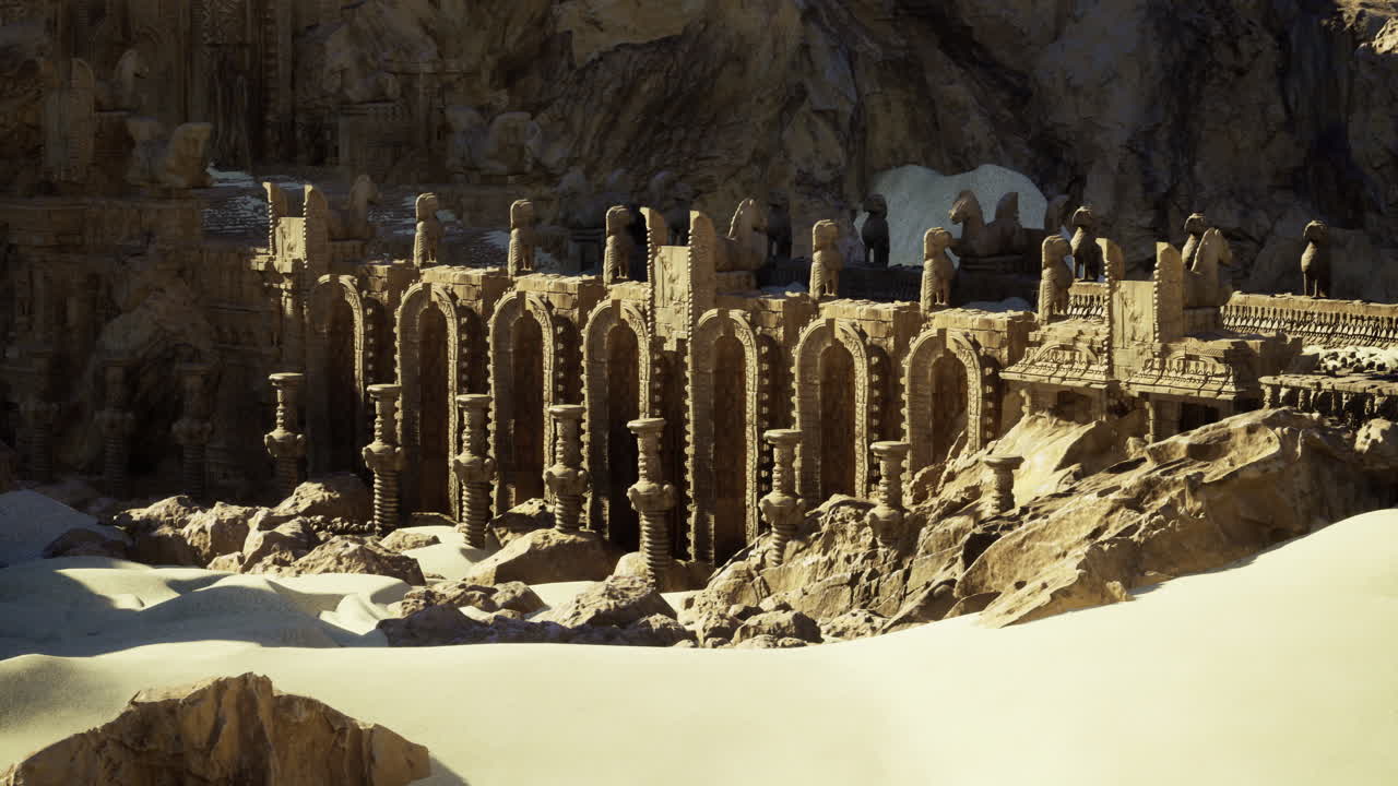 Ruins of an ancient civilization emerge from desert sands at sunset