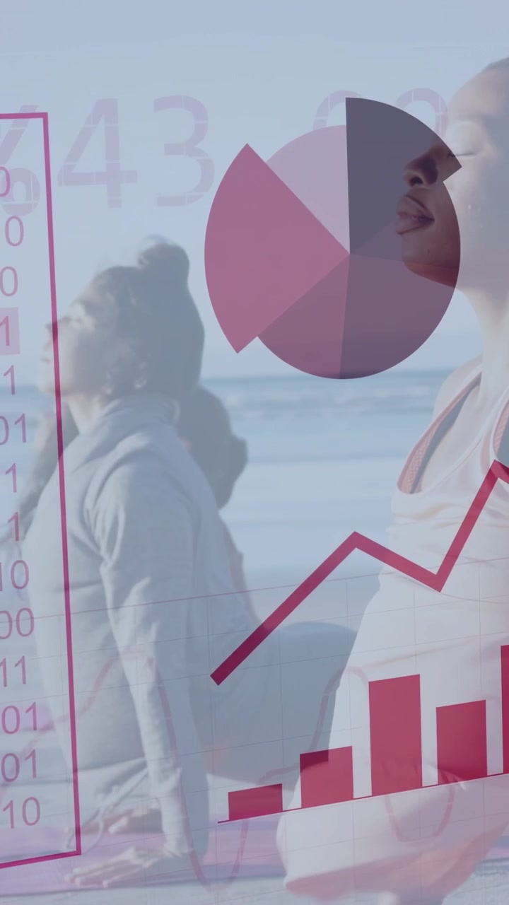 Vertical video: Two women holding backbends on beach, activating health charts tracking posture