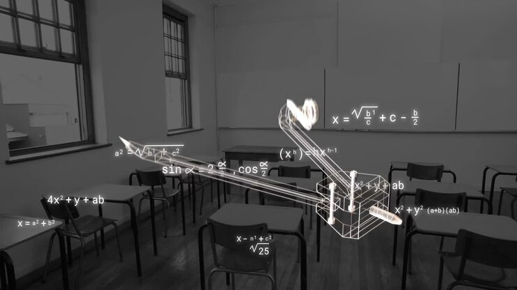Animation of compass icon and mathematical equations over empty classroom