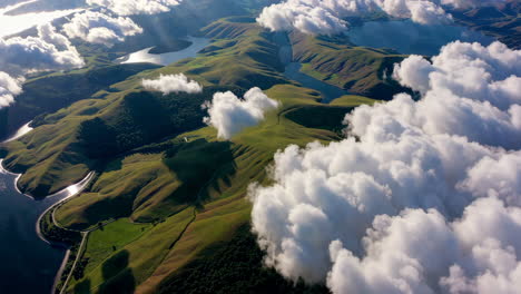 aerial view of a valley with lakes and clouds