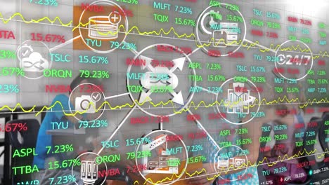 Animation-of-data-processing-and-icons-over-diverse-schoolchildren-and-teacher