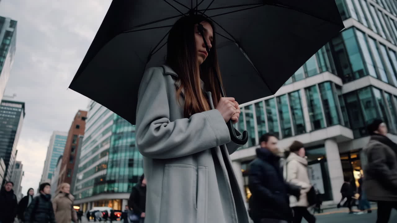 Woman with Umbrella in a Busy City Street