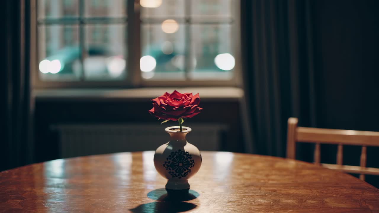 Red rose in a white vase sitting on a round wooden table in an elegant dark room at night, illuminated by the city lights outside the window, creating a cozy and romantic atmosphere