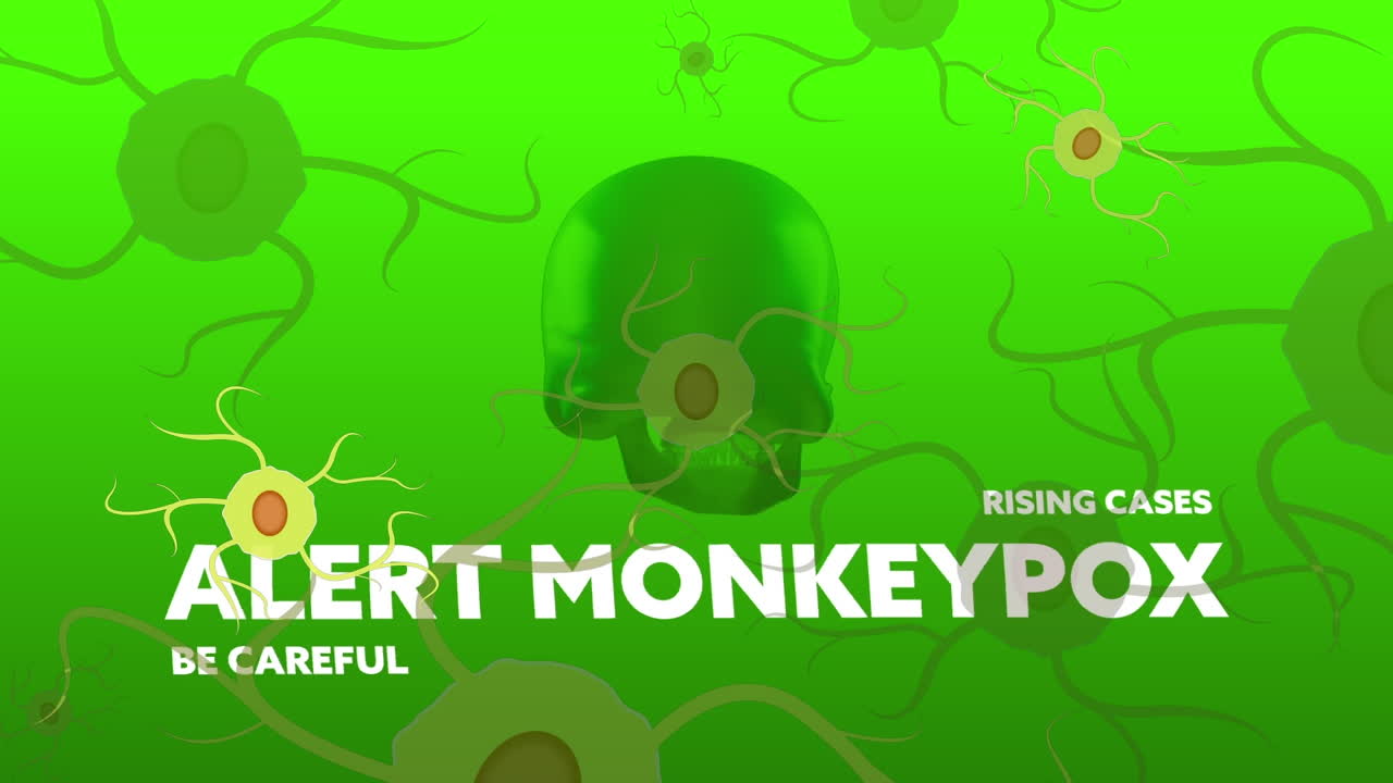 Animation of monkey pox over neurons and skull on green background