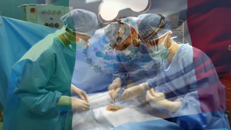 Animation-of-flag-of-mexico-waving-over-surgeons-in-operating-theatre