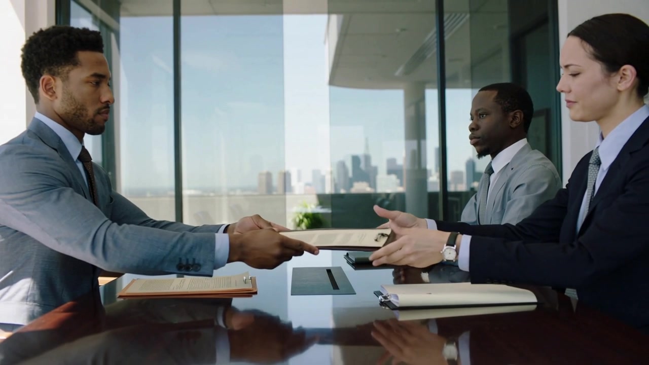 Pushing right-side man in gray suit extending folder across conference table, initiating exchange