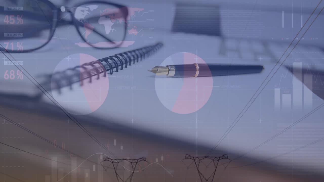 네트워크 타워에 대한 오피스 데스크에 있는 장비를 통해 통계 데이터 처리의 애니메이션