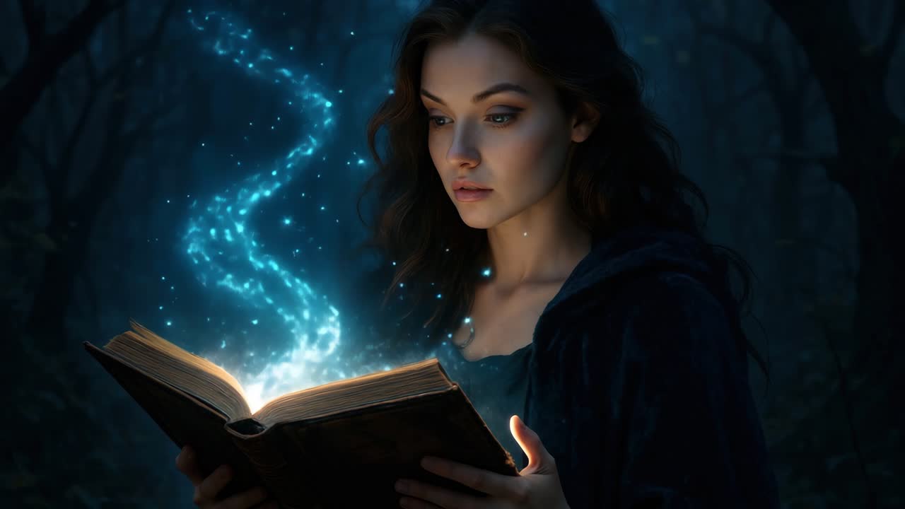 A mystical video concept with a medium close-up angle of a woman in a dark forest