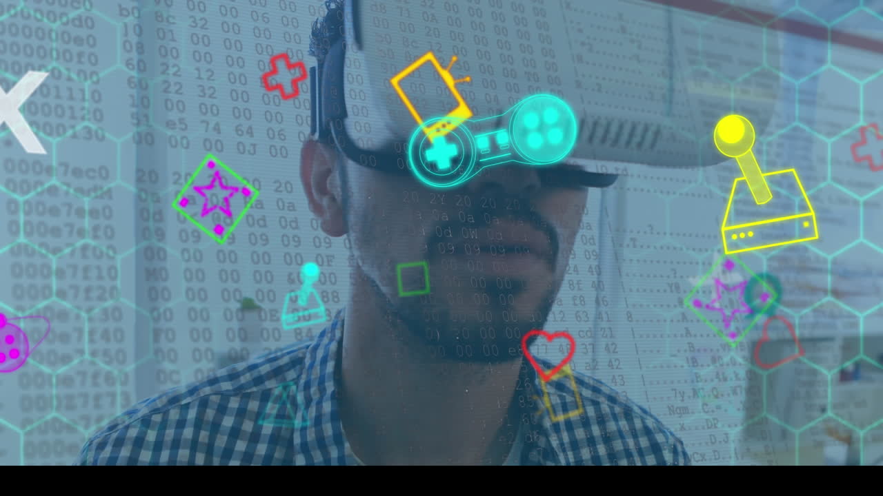 animación de iconos de medios sobre el hombre usando auriculares vr