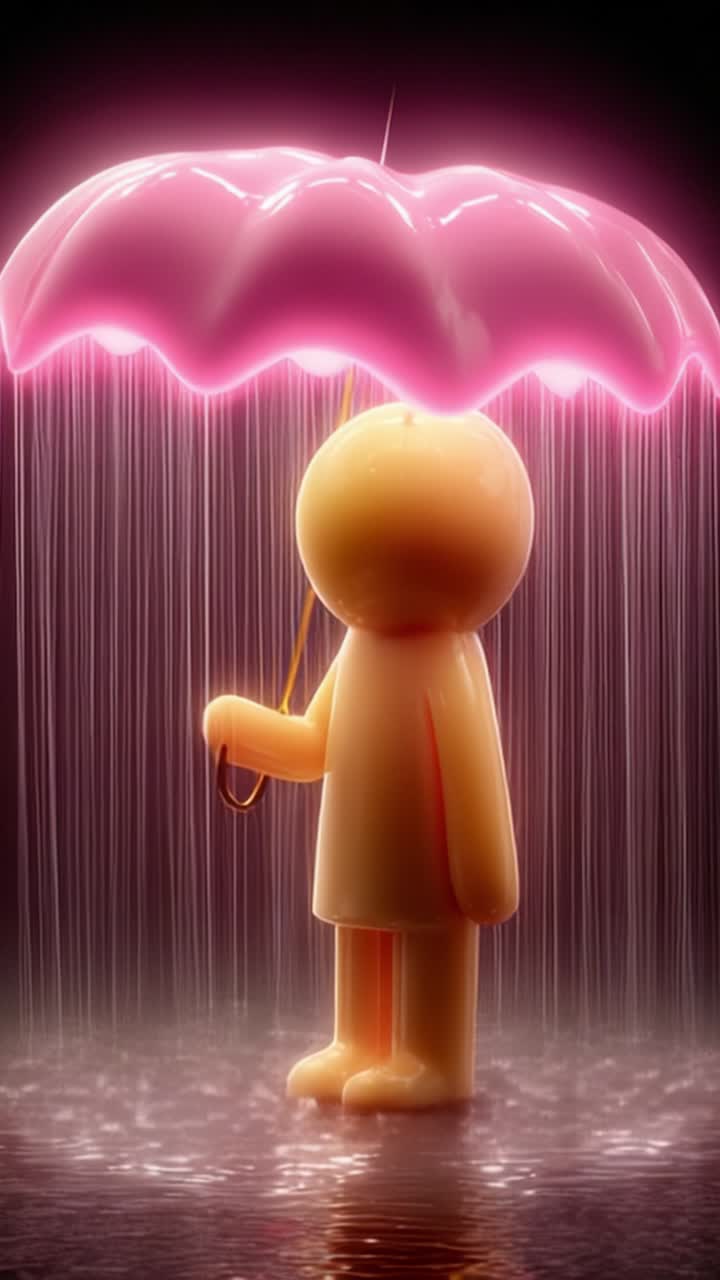 Una figura stravagante sta sotto un ombrello rosa luminoso mentre piove, creando una scena vibrante che mescola elementi di gioia, colore e immaginazione giocosa.