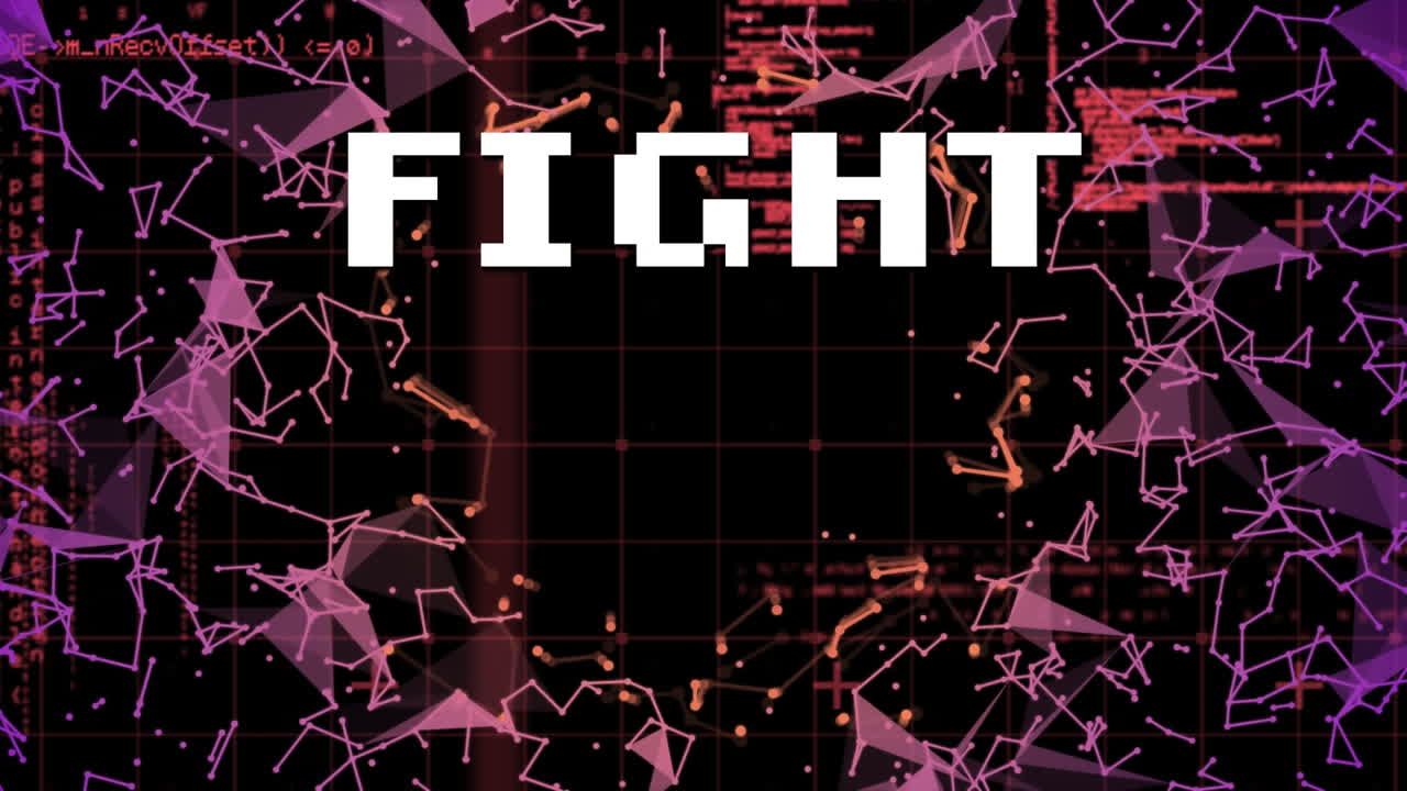 검은색 배경에 대한 플렉서스 네트워크를 통해 전투 텍스트 및 데이터 처리의 애니메이션