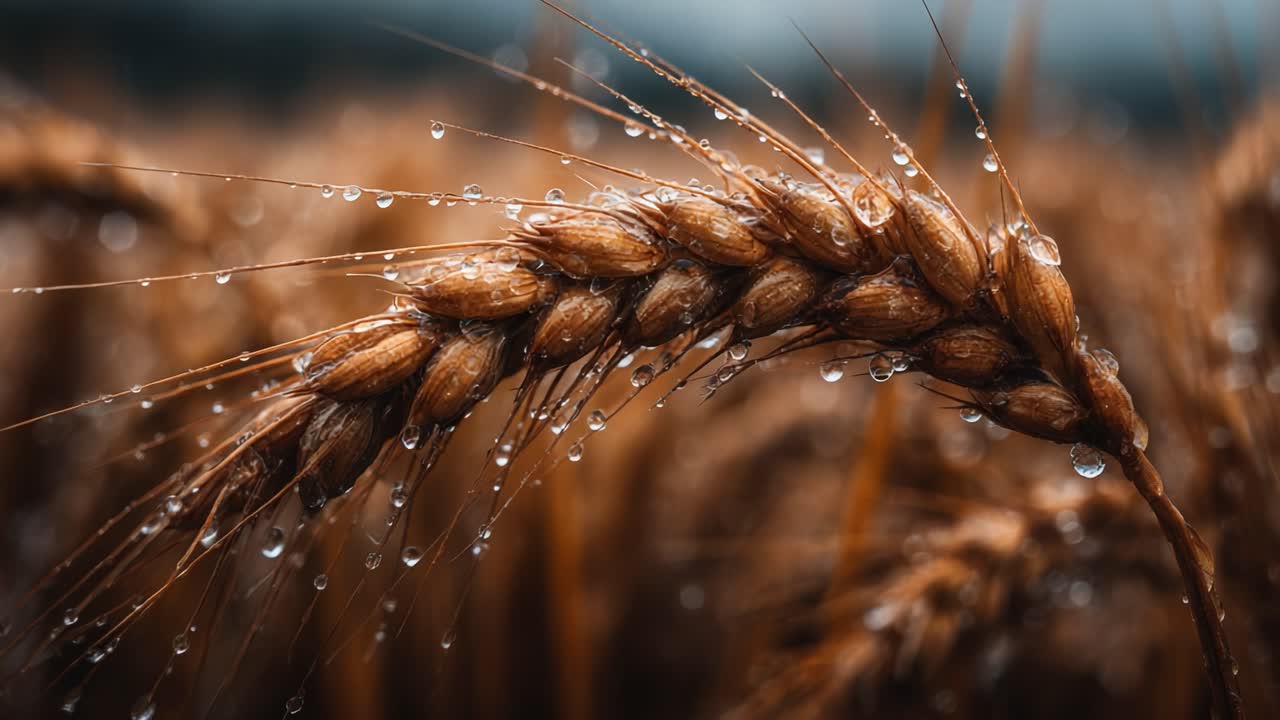 A Close-Up View of Grain with Dew Drops on Wheat Stalks, Capturing the Beauty of Nature's Harvest Under a Cloudy Sky