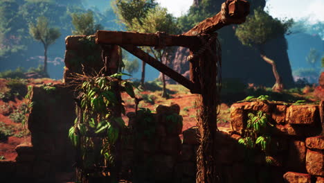 old wooden well with vines in a rocky terrain under a bright sky