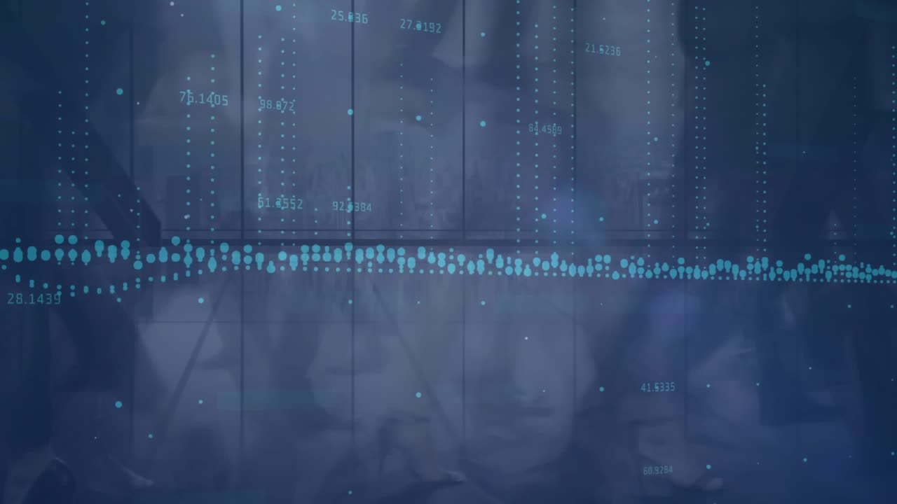 Animation of statistical data processing against time-lapse of businesspeople walking at the office