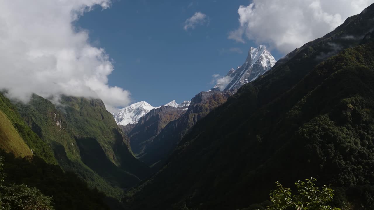 Valley in Himalayas Muntains Foothills with Green Trees Landscape Scenery in Nepal, Annapurna Mountains and Lush Greenery with Snowcapped Top of Fishtail Mountain Summit at Machapuchare