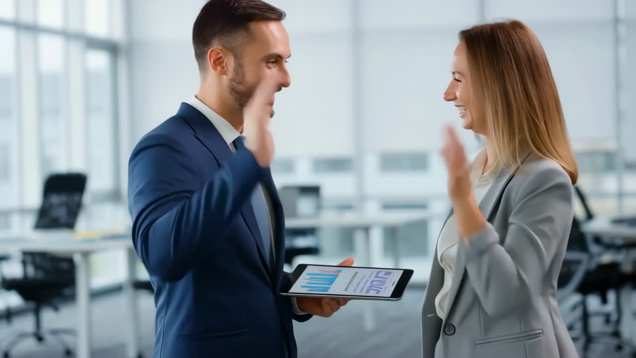 Business Professionals Collaborating and Discussing Data on Tablet