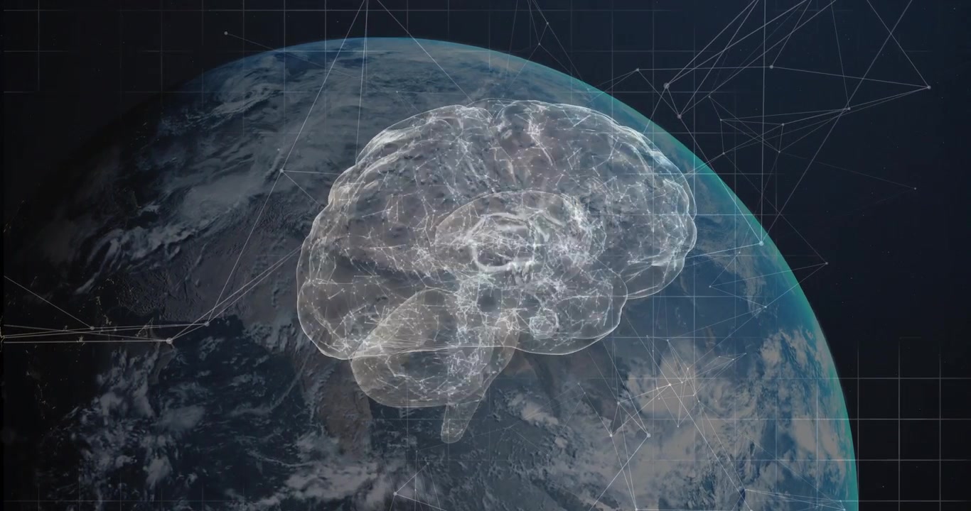 En el lanzamiento, un cerebro de wireframe girando sobre la Tierra mientras la red pulsa para una visualización neuronal