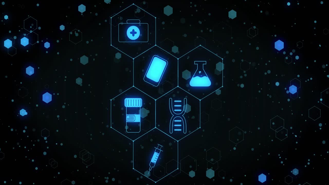 Animation of network of blue medical icons over light spots and connections on black background