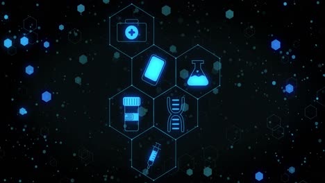 animation of network of blue medical icons over light spots and connections on black background