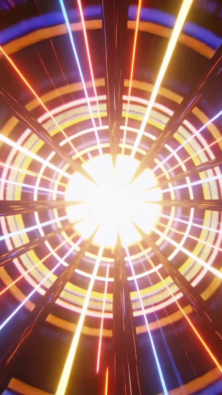 Video verticale: Nucleo centrale che si illumina proiettando raggi radiali in un tubo luminoso, con anelli e barre colorate.