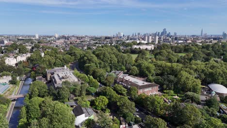 regents canal with london city skyline in background drone,aerial