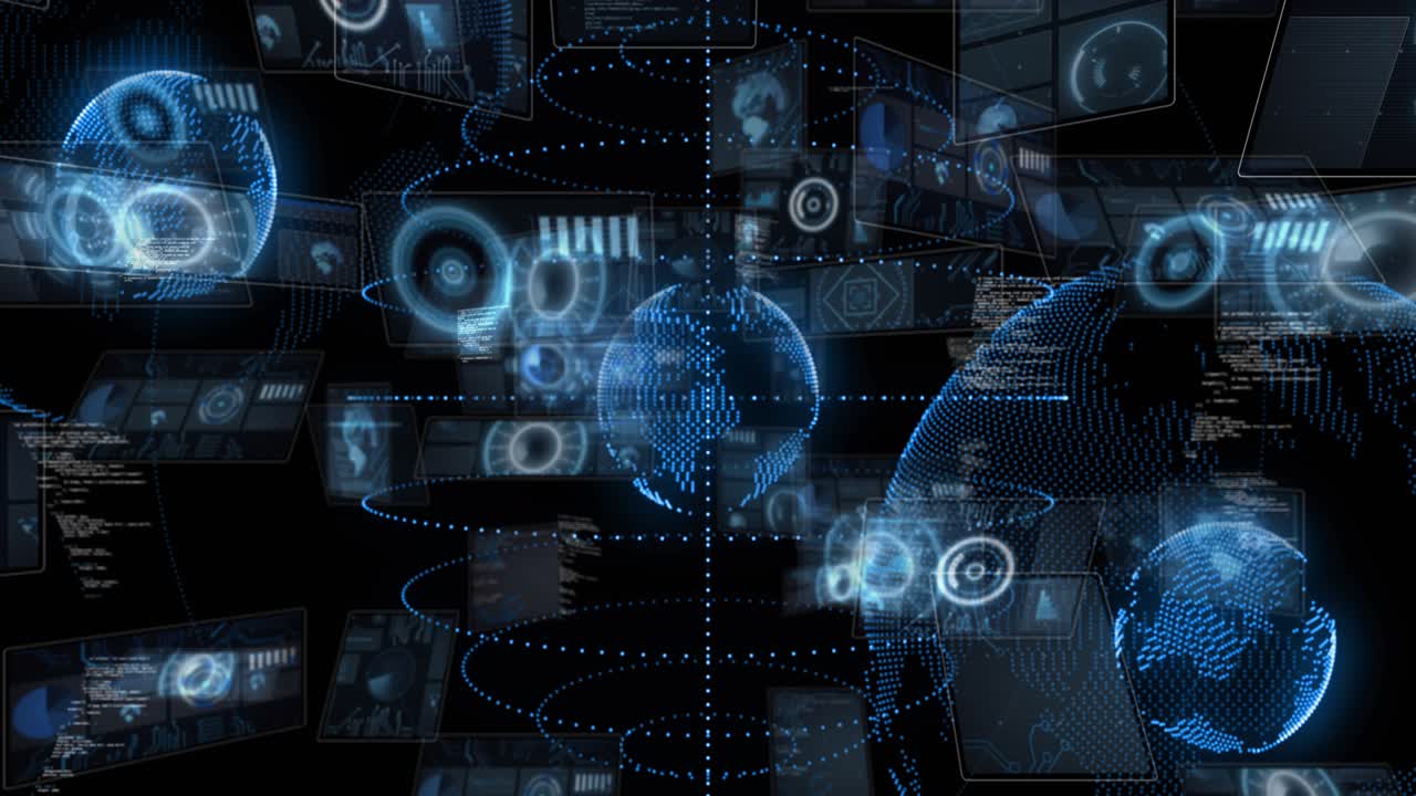 Data opening, center blue dotted globe rotating while panels appearing, code streaming showing HUD