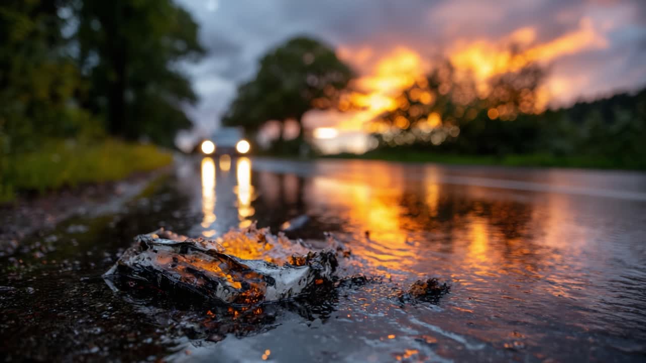Captured in a Stunning Sunset, the Remnants of a Fire Smolder on the Roadside, Surrounded by Reflective Water Puddles and Glowing Nature's Beauty