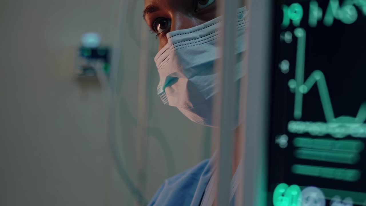 Close-up video of a healthcare worker in a mask and scrubs, focused and serious