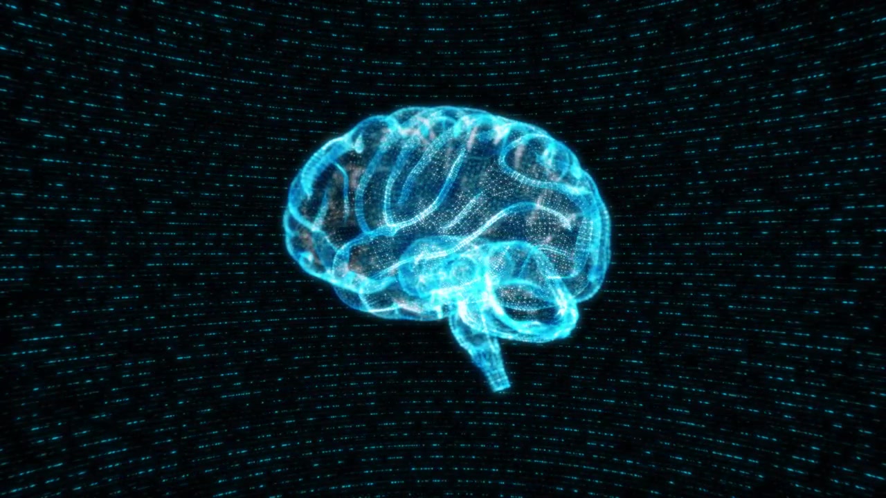Neural brain matrix technology visual with cyan transparent mind model data wall texture and