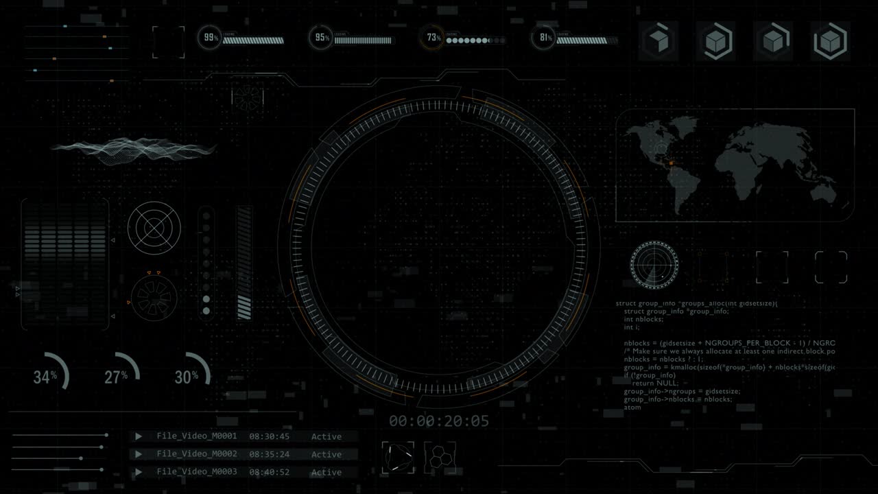Motion graphic of head up display ( HUD UI ) technology interface screen with futuristic elements graph and chat panel abstract background alpha channel included