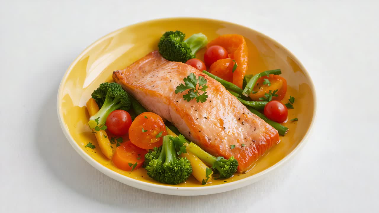 Zooming camera bringing plated salmon fillet closer at tabletop food studio, with parsley garnish